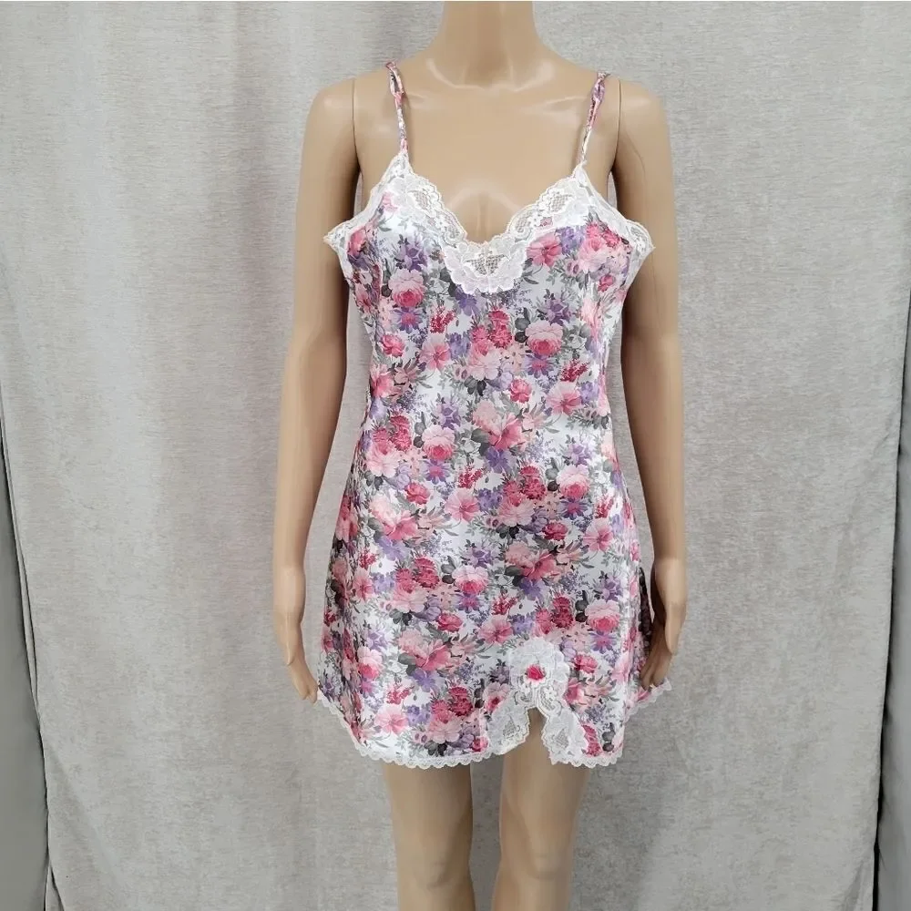 Floral Satin Lace Slip Dress Chemise Negligee and Matching Robe Set Pink